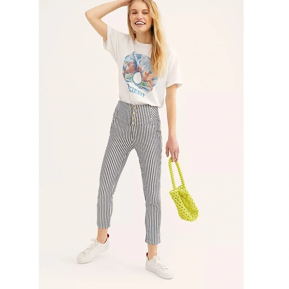 Free People Frankie High Waisted Striped Ankle Cropped Slim Pants size 0